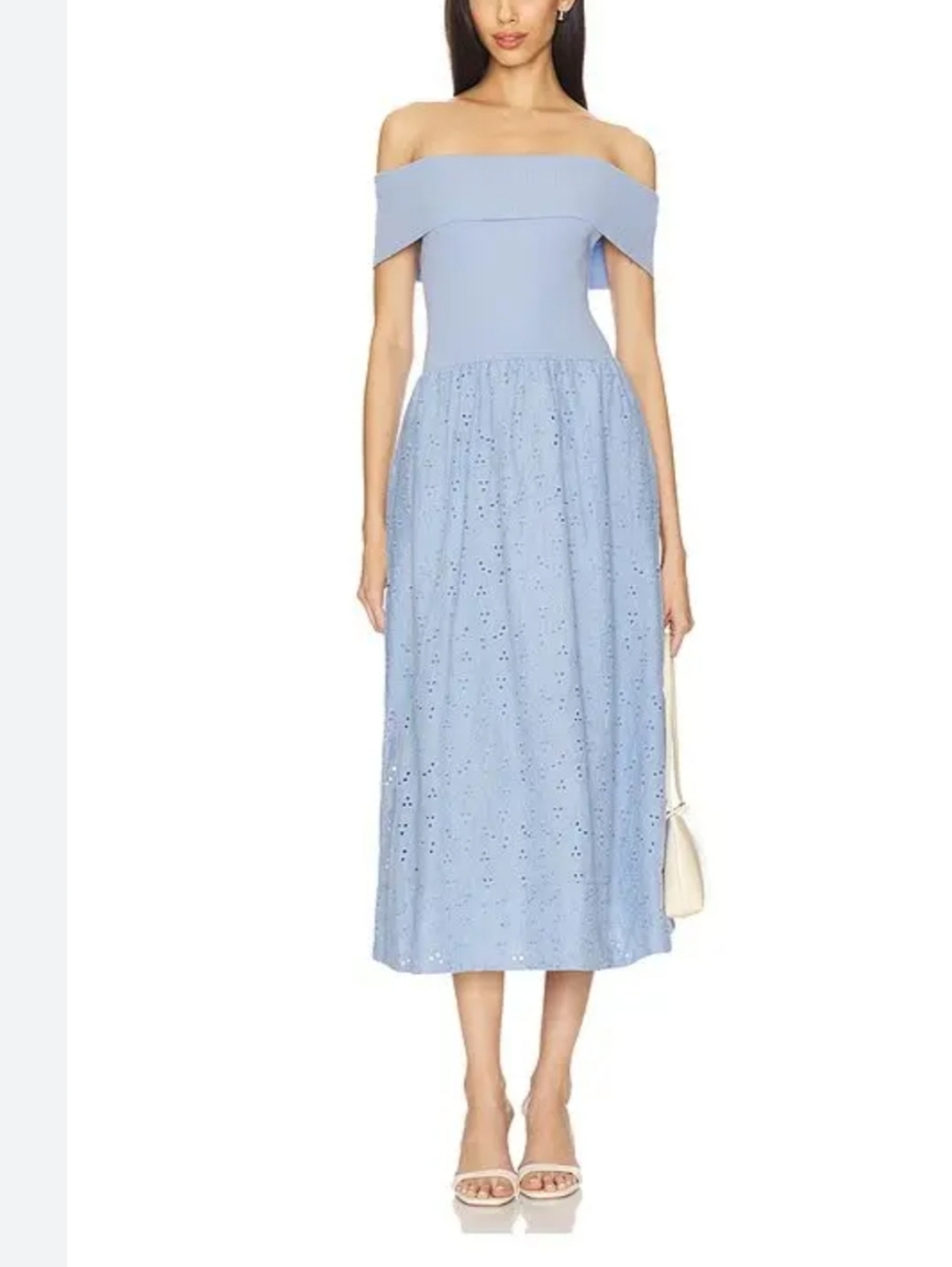 Astr the Label Off the Shoulder Eyelet midi Dress in Light Blue size M NWOT